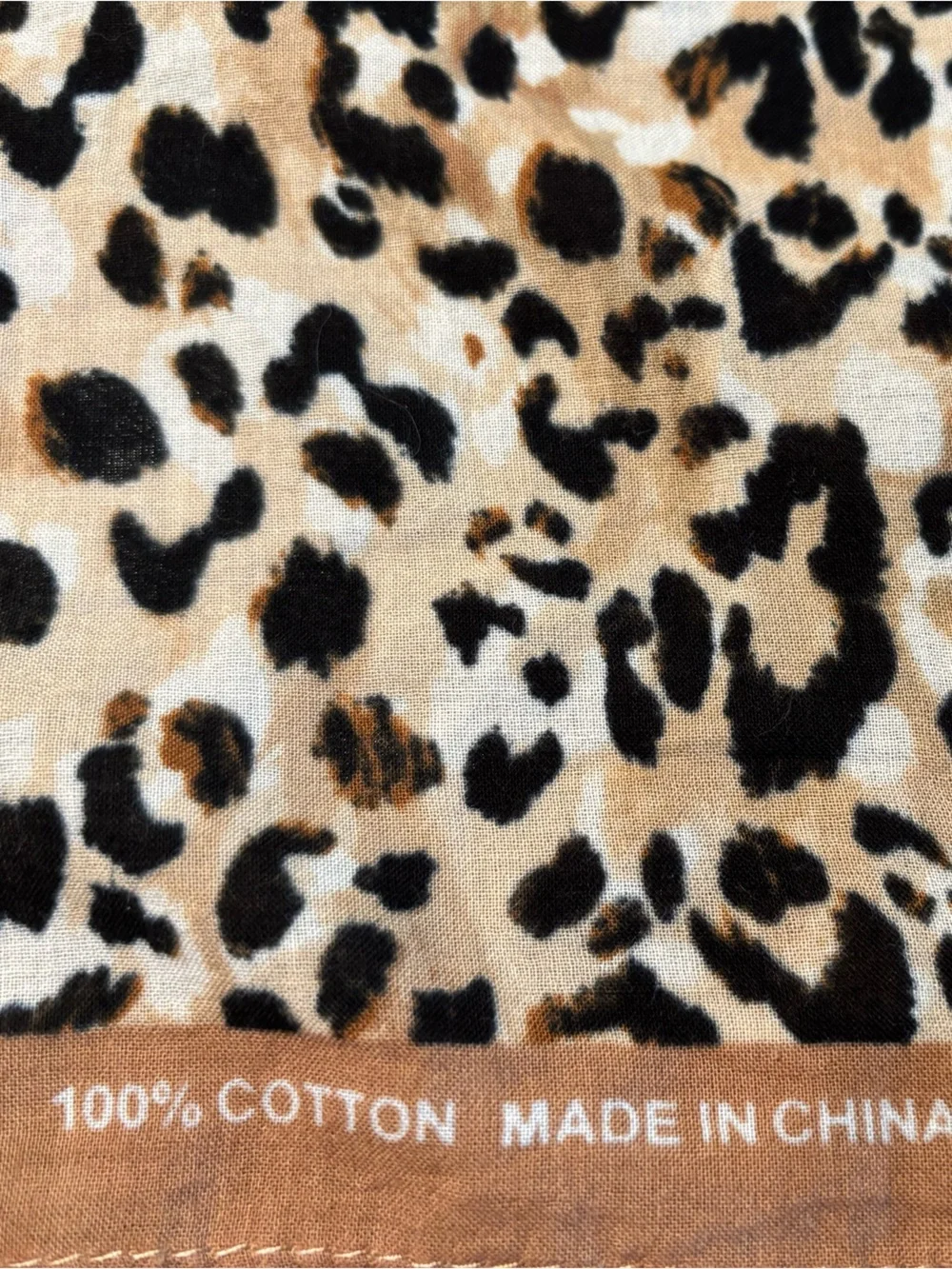 Cotton leopard print square scarf, brown edge. All season weight. Vintage.